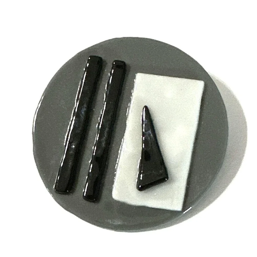 Vintage MCM Modernist Brooch Artisan Abstract Glass Pin Gray White Black 1.75